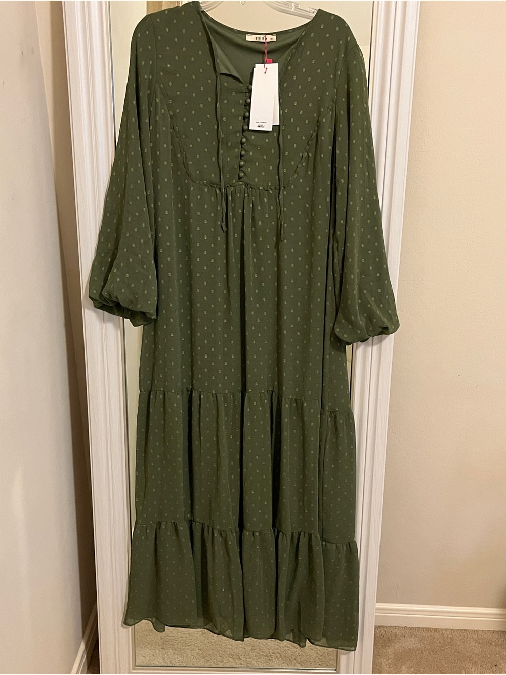 Olive Green Tiered Maxi Dress with Button Detail